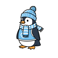 Cartoon Penguin Wearing Winter Hat and Scarf Illustration.