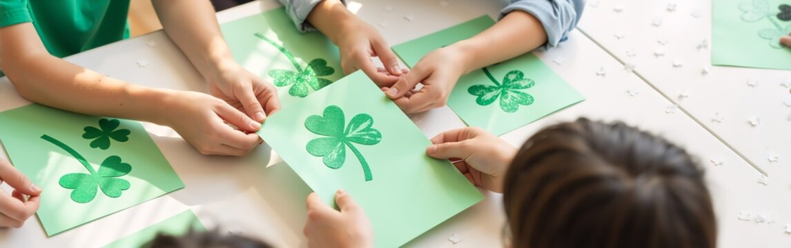 Children crafting st. patrick's day shamrocks with green paper in bright classroom