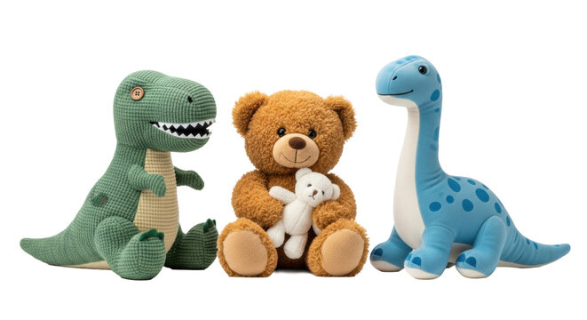 three textured plush toys: green t-rex, brown teddy bear with a mini white bear, and blue brontosaurus, arranged neatly on a transparent background. concept for children's product catalog