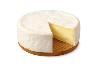 Camembert cheese wheel with a slice cut out on a wooden board, showcasing creamy texture, transparent background