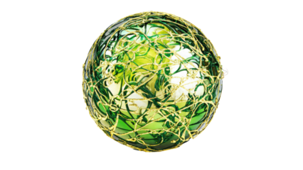 A vibrant green and gold speckled sphere, possibly a Christmas ornament, featuring intricate swirling patterns, presented on a solid transparent background. background removed