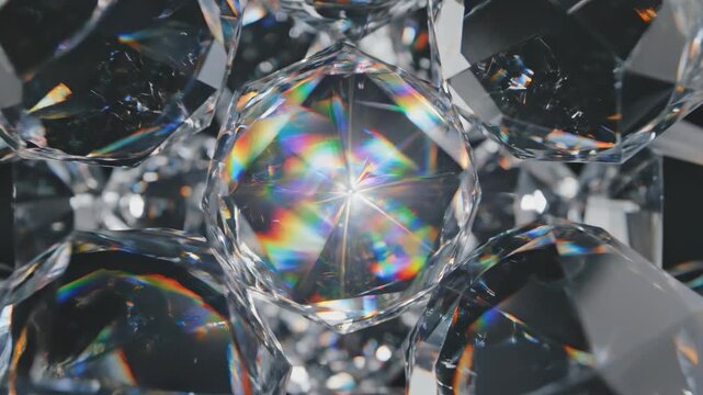 Shimmering array of transparent geometric crystalline prisms rotating slowly with internal light refraction in an endless animation slow movement, polygon, pattern