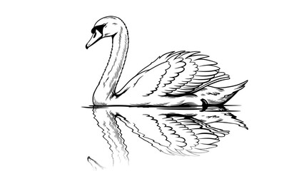Elegant swan gliding on water in artistic sketch style with beautiful reflection for logo design or nature illustration