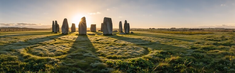 Sunrise over ancient stone circle in tranquil countryside setting