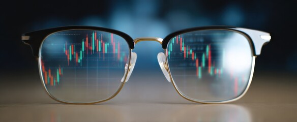 Reflection of stock market charts in eyeglasses lens reveals anxious hopes and silent tension.
