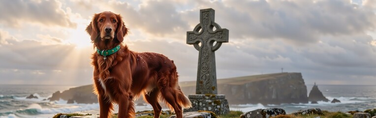 Irish setter by celtic cross with coastal background at sunset