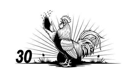 Celebrate 30 years with a bold rooster crowing at sunrise, perfect for anniversaries and milestone events