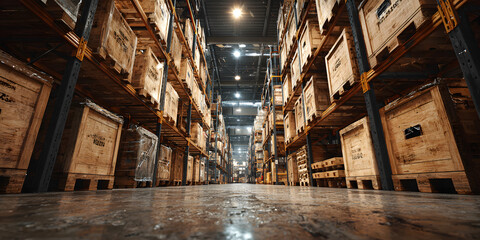 Cold storage warehouse with stacked crates and pallets