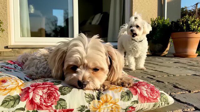 Cavapoos lounging on plush pillows in a serene outdoor setting, capturing the concept of relaxation and companionship, perfect for promoting calmness, downtime, and bonding moments with friends.