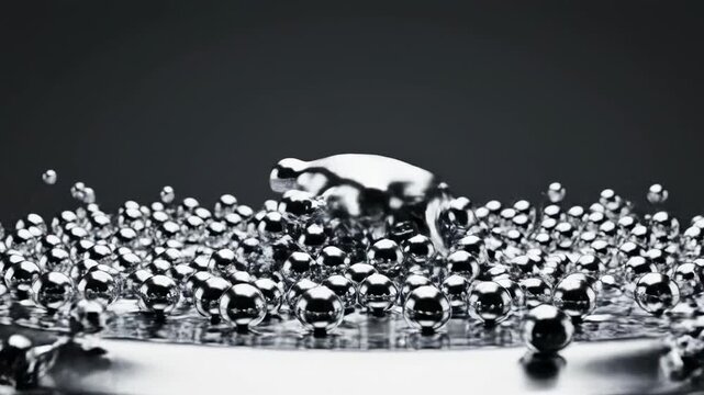 Shiny liquid metal rapidly fragments into thousands of reflective spherical droplets floating and merging back into a unified pool in a looping visual Shiny liquid metal, metallic surface, render