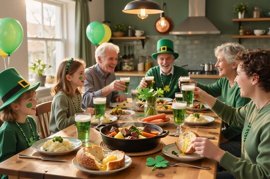 Festive st. patrick's day family gathering with traditional irish meal and decorations - Powered by Adobe