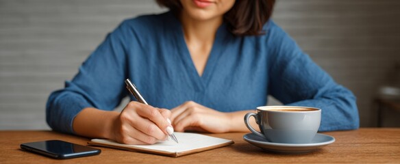 Woman writing at desk brewing ideas with coffee and smartphone by her side.