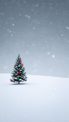 Fototapeta premium Christmas Tree in Snowy Winter Wonderland: Festive Holiday Decorations and Tranquil Outdoor Scene