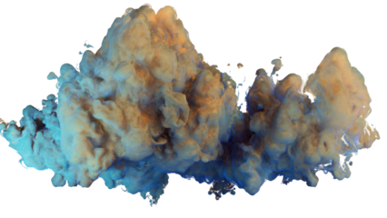 A mesmerizing dynamic explosion of blue and orange ink swirls, creating a vibrant, fluid cloud effect against a transparent background. background removed