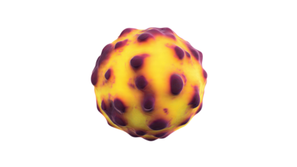 Abstract 3D rendering of a yellow sphere with dark purple, textured bumps, resembling a virus or cell, isolated on green. background removed