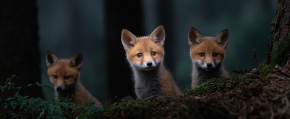 Fototapeta premium Curious fox kits checking out the woodland ground early in the morning light