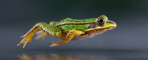 Fototapeta premium Frog’s outstretched legs express daring freedom as it leaps over the smooth surface