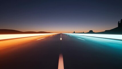 Simulated drone view above a vast, empty futuristic desert highway where the road edges are marked by intensely glowing orange and teal neon light strips extending to the horizon glowing, virtual, vfx - Powered by Adobe