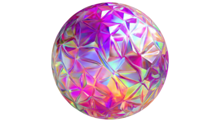 Vibrant iridescent sphere with a faceted, crystal-like surface reflects holographic pink, purple, blue, and gold colors. A mesmerizing abstract design. background removed