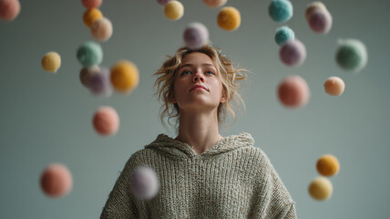 Adult woman joyfully tossing pastel rubber balls in a playful moment