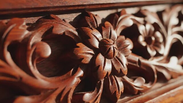 Intricate Wood Carving Detail on Antique Furniture.