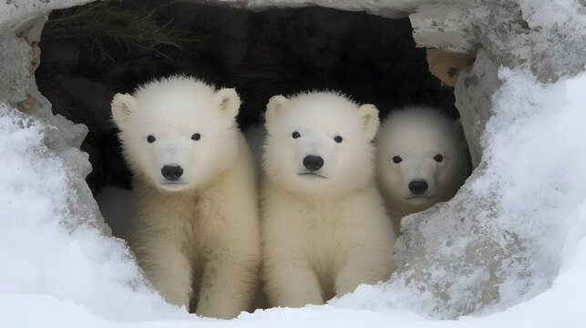 Polar bear (Ursus maritimus) cubs looking out of the den, Wapusk National Park, Churchill, Hudson Bay, Manitoba, Canada