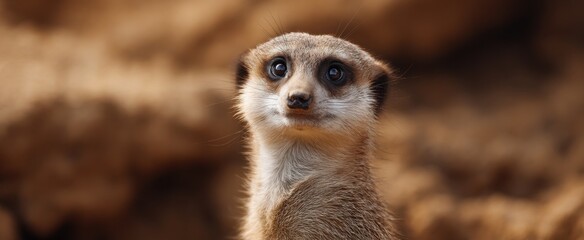 Obraz premium Alert meerkat standing upright on warm sandy ground observing carefully and attentively