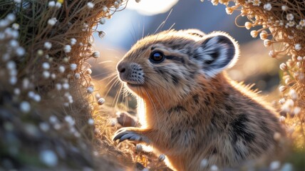 Obraz premium A cute pika peeks through a floral archway, illuminated by soft sunlight, showcasing its detailed fur and expressive features.