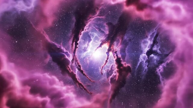 Slow aerial tracking shot through immense swirling purple and magenta gaseous structures resembling a vast abstract cosmic nebula or cloud formation wide shot, interstellar, cosmic dust