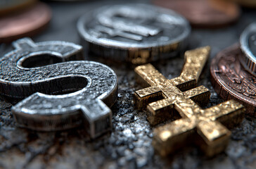 Global finance concept showing world economy and foreign exchange market with currency symbols dollar euro yen and pound on money background representing international trade and investment growth.