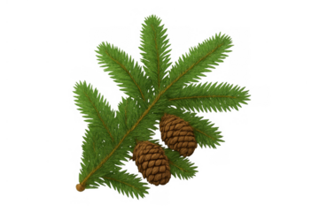 Fir tree branch with two pine cones featuring green needles for winter holiday and christmas design