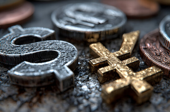 Global finance concept showing world economy and foreign exchange market with currency symbols dollar euro yen and pound on money background representing international trade and investment growth. - Powered by Adobe