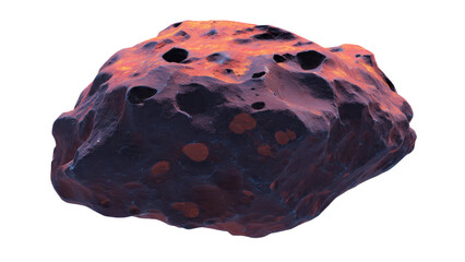A rugged, dark asteroid or meteoroid with a textured, pitted surface and fiery orange-red glowing areas, isolated on a solid background. background removed