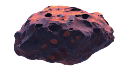 A rugged, dark asteroid or meteoroid with a textured, pitted surface and fiery orange-red glowing areas, isolated on a solid background. background removed