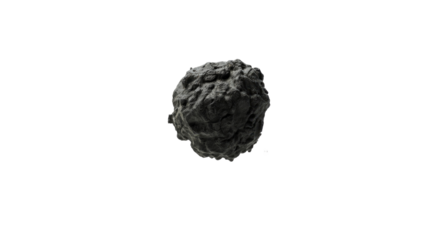A dark, textured, spherical object resembling an asteroid or microscopic particle, digitally rendered against a solid transparent background, showing intricate detail. background removed