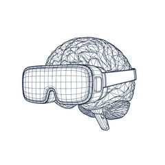 Brain wearing VR headset in digital wireframe style
