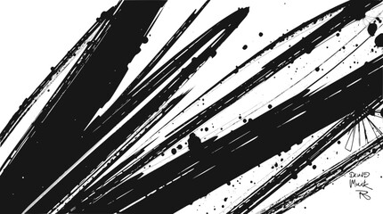 Obraz premium Dynamic black ink brush strokes on a white background, creating an abstract and expressive composition with diagonal lines and splatters.