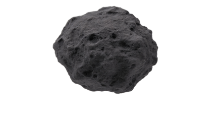 A rough, dark gray asteroid or rock with an irregular, porous surface texture, isolated against a solid background, depicting a cosmic body. background removed