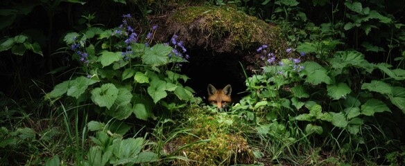Obraz premium The entrance of a fox den invites quiet curiosity amidst gentle natural ground cover.