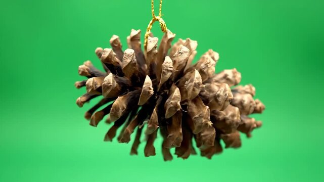 A pinecone Christmas decoration hangs from a green screen background, shot in a studio with a shallow depth of field and warm tones, conveying a festive holiday mood.