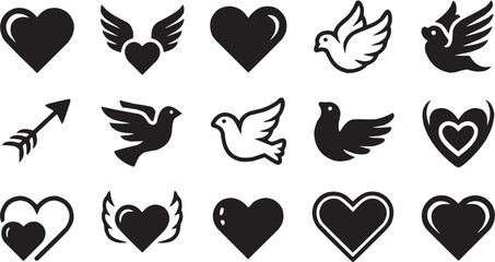 Heart and dove icon set. Vector glyph pictograms of love heart, flying dove, peace symbol, romantic shape, emotional mark black silhouette