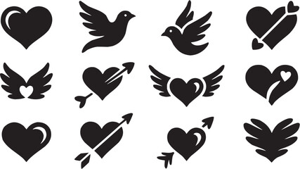 Bird, heart and arrow icon set. Vector glyph pictograms of flying bird, love heart, cupid arrow, romantic symbol, emotional shape black silhouette