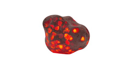 A 3D render of an irregular, dark rock with glowing red and orange molten spots, resembling a fragment of lava or a hot meteor. background removed