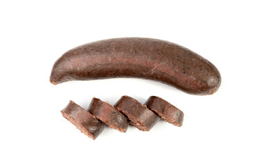 Black pudding isolated, blood sausage kaszanka, traditional Polish terrine, brawn sausages on white