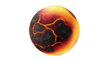 A fiery, cracked sphere resembling a molten planet or a hot core, glowing with intense heat and volcanic energy. background removed