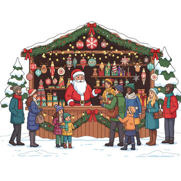 Ilustrasi vektor datar 2D stan pasar Natal luar ruangan ramai, menampilkan Sinterklas ceria menjual nutcrackers, glass balls, dan patung kayu ukir kepada pembeli di tengah suasana bersalju.