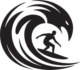 Stylized surfing icon set. Vector glyph pictograms of surfer, wave shape, board rider, ocean sport, beach motion black silhouette