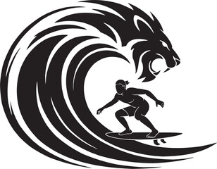 Surfing lion wave icon set. Vector glyph pictograms of surfer, lion head, ocean wave, board rider, wild splash, beach action black silhouette