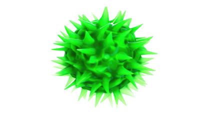 Vibrant green spiky spherical object, resembling a microscopic virus or cell, with glossy surface and sharp protrusions against a deep transparent background. background removed