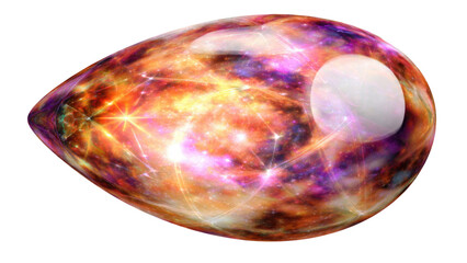 Vibrant cosmic teardrop gem, glowing with nebulae, sparkling stars, and a luminous orb, encased in a reflective, smooth, space-like form. background removed